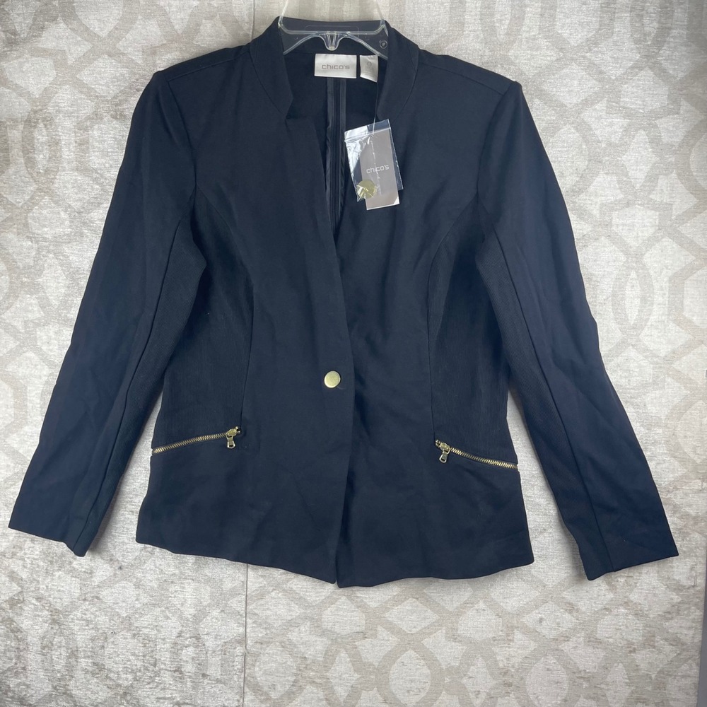 Chico's Ponte Rib Knit Blazer Women 0 S Black NWT Gold Zip Pockets Rayon Blend